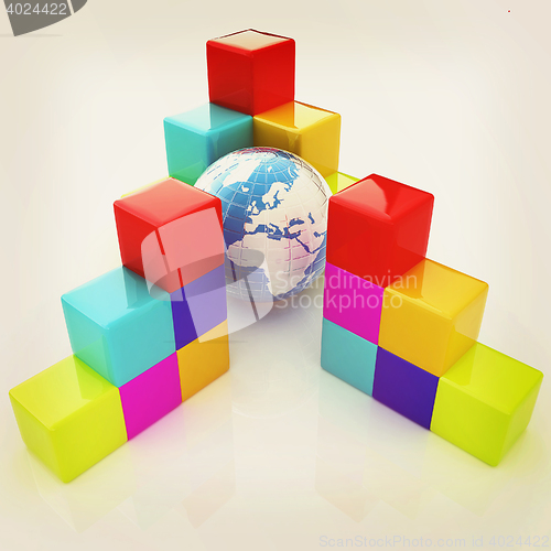 Image of colorful block diagram. Global concept. 3D illustration. Vintage