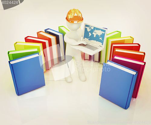 Image of 3d man in hard hat working at his laptop and books . 3D illustra