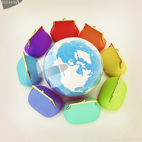 Image of Earth and purses. On-line concept. 3D illustration. Vintage styl