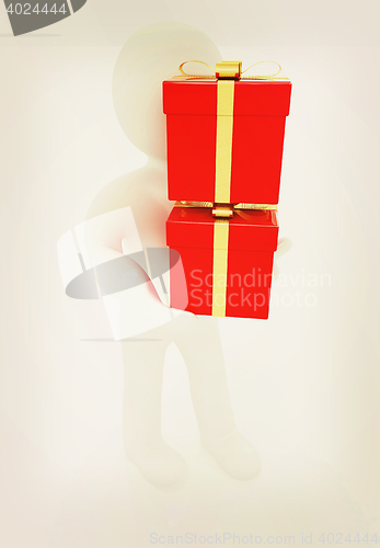 Image of 3d man gives red gifts with gold ribbon. 3D illustration. Vintag