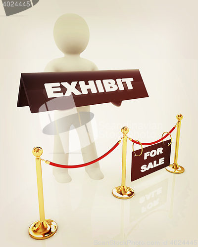 Image of 3d man opens the exhibition . 3D illustration. Vintage style.