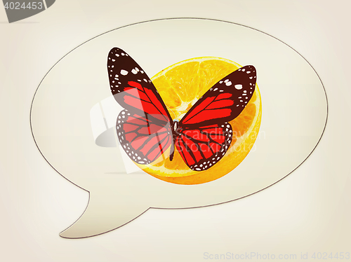 Image of messenger window icon and Red butterflys on a half oranges. 3D i