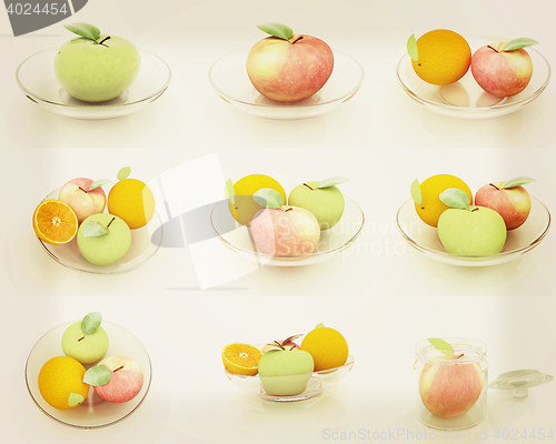 Image of Set of citrus on a glass plate. 3D illustration. Vintage style.