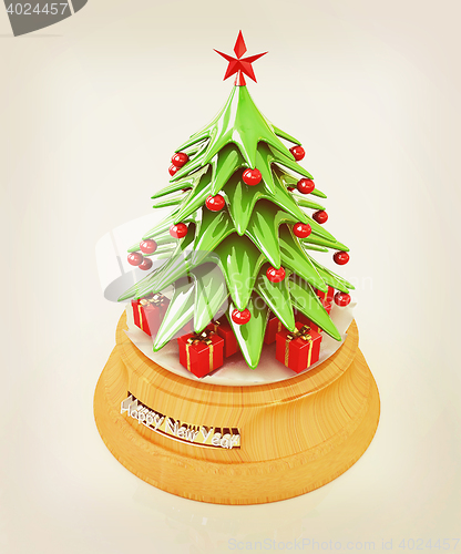 Image of Christmas tree and gifts. 3D illustration. Vintage style.