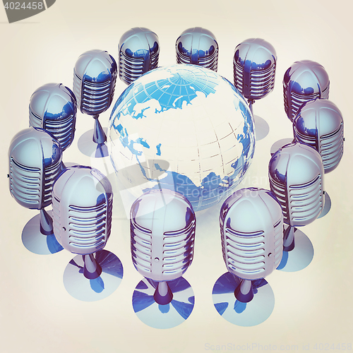 Image of Global online with earth and mics. 3D illustration. Vintage styl
