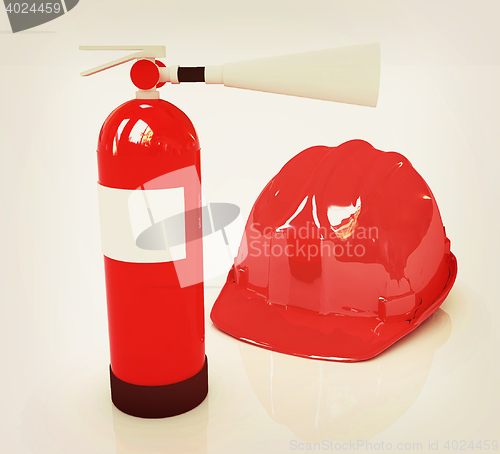 Image of Red fire extinguisher and hardhat . 3D illustration. Vintage sty