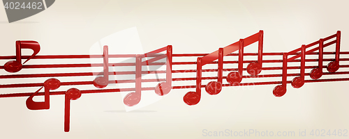 Image of Various music notes on stave. Red 3d. 3D illustration. Vintage s