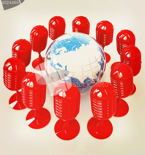 Image of Global online with earth and mics. 3D illustration. Vintage styl