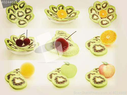 Image of Set of slices of kiwi. 3D illustration. Vintage style.