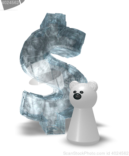 Image of ice dollar symbol and white bear pawn - 3d rendering