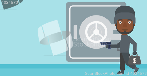 Image of Burglar with gun near safe vector illustration.