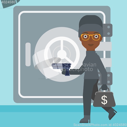 Image of Burglar with gun near safe vector illustration.