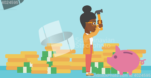 Image of Woman breaking piggy bank vector illustration.