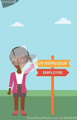 Image of Confused woman choosing career pathway.