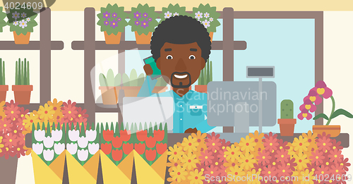 Image of Florist at flower shop vector illustration.