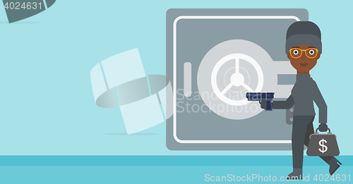 Image of Burglar with gun near safe vector illustration.