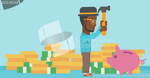 Image of Man breaking piggy bank vector illustration.