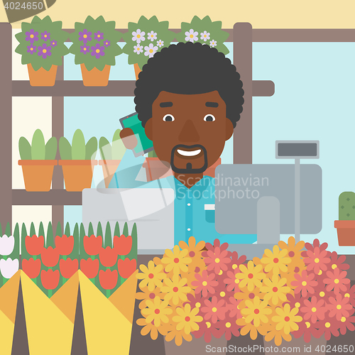 Image of Florist at flower shop vector illustration.