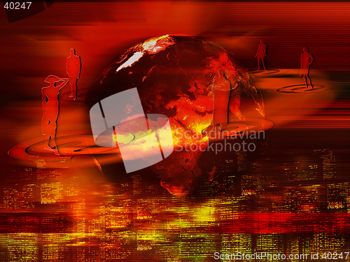 Image of Abstract e-mail design, people silhouettes standing on the "@" letters, Earth in the center, blurred city below