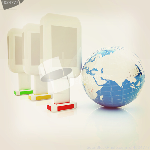 Image of Vertical glossy billboards and earth. 3d illustration on white b
