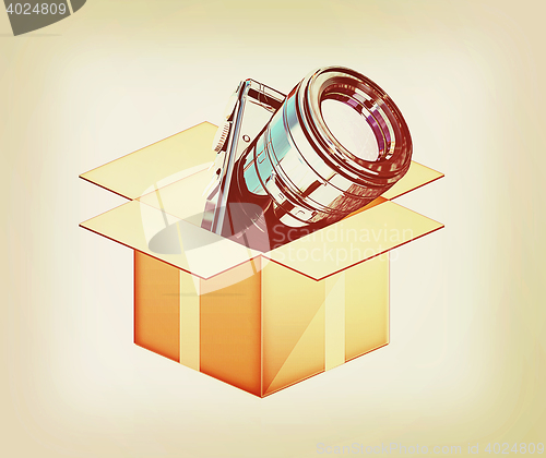 Image of camera out of the box. 3D illustration. Vintage style.