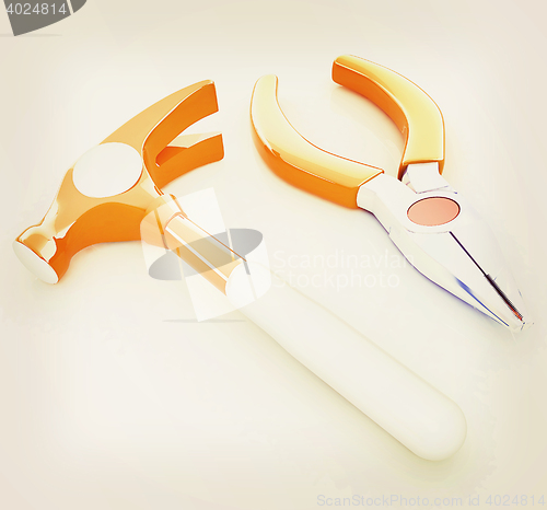 Image of pliers and hammer. 3D illustration. Vintage style.