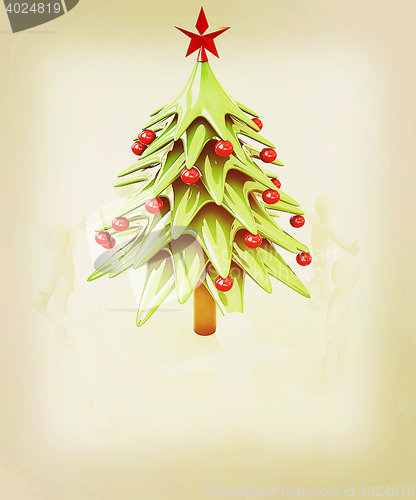 Image of 3D human around Christmas tree. 3D illustration. Vintage style.