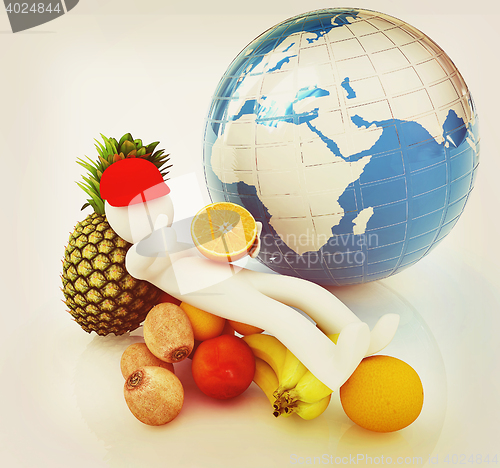 Image of 3d man with citrus and earth . 3D illustration. Vintage style.