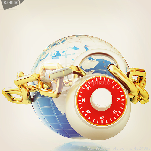 Image of Earth globe close in chain and padlock . 3D illustration. Vintag