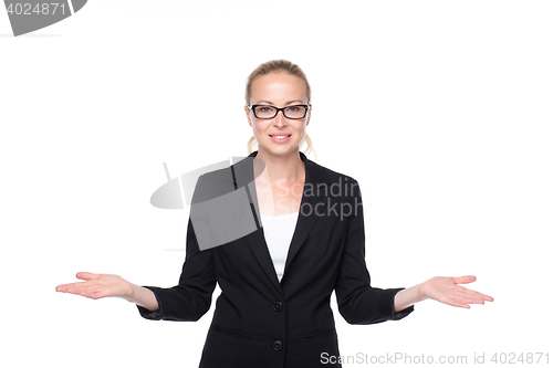 Image of Business woman showing hands sign to sides.