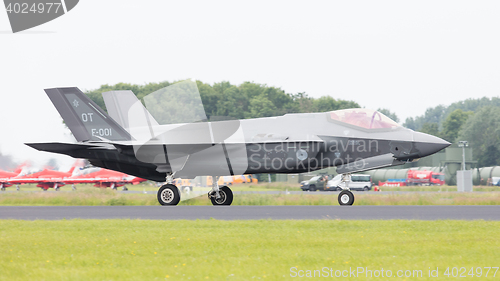 Image of LEEUWARDEN, THE NETHERLANDS - JUNE 10, 2016: Dutch F-35 on the r