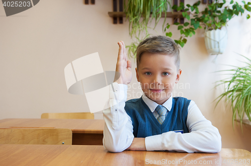 Image of Happy schoolboy sitting at desk