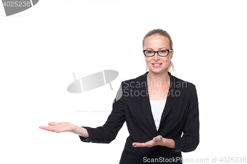 Image of Business woman showing hand sign to side.