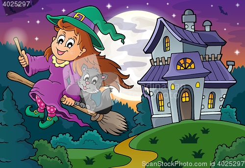 Image of Cute witch on broom near haunted house