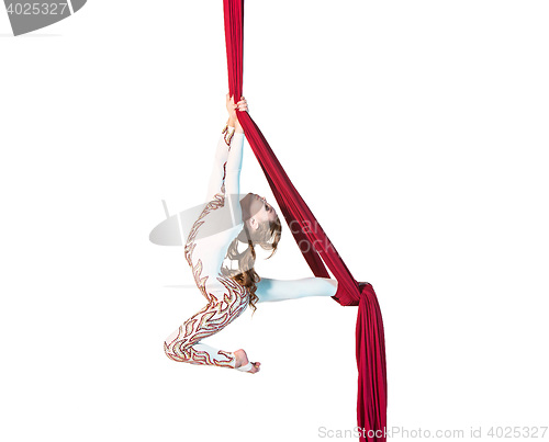 Image of Graceful gymnast performing aerial exercise