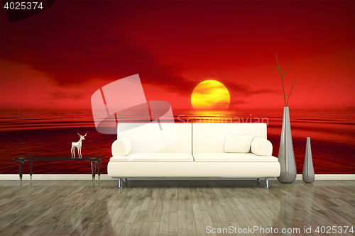 Image of photo wall mural sofa floor red sunset