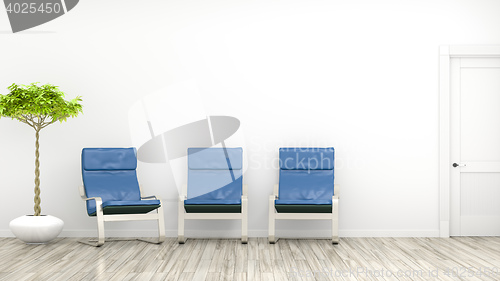 Image of room with three blue chairs