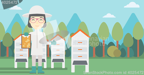 Image of Female bee-keeper at apiary vector illustration.