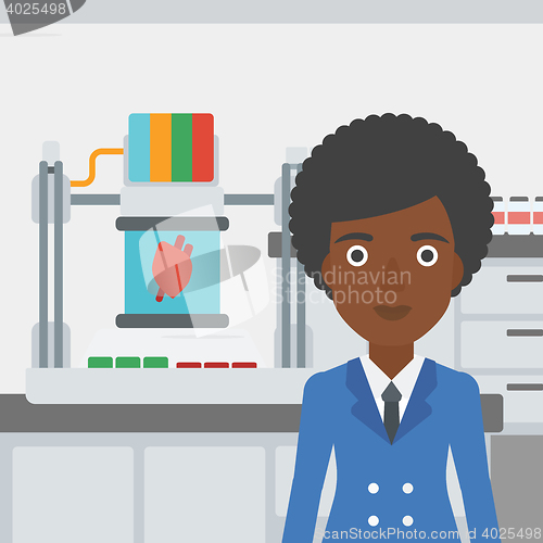 Image of Woman with three D printer vector illustration.