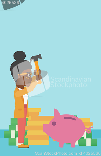 Image of Woman breaking piggy bank vector illustration.