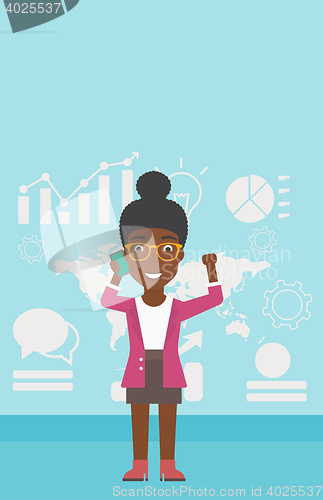 Image of Businesswoman celebrating business success.