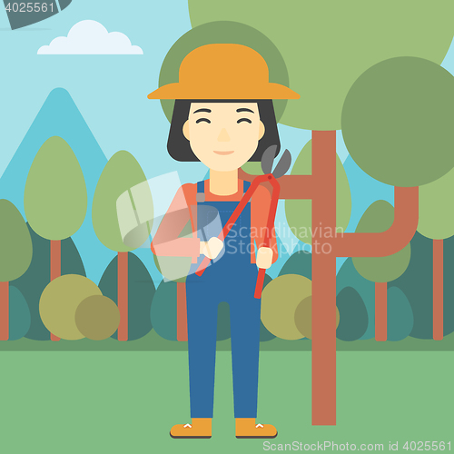 Image of Female farmer using pruner vector illustration.