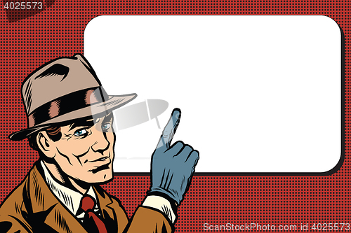 Image of Male spy points a finger, retro background