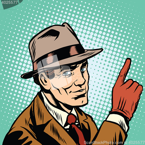 Image of Male spy points a finger, retro background