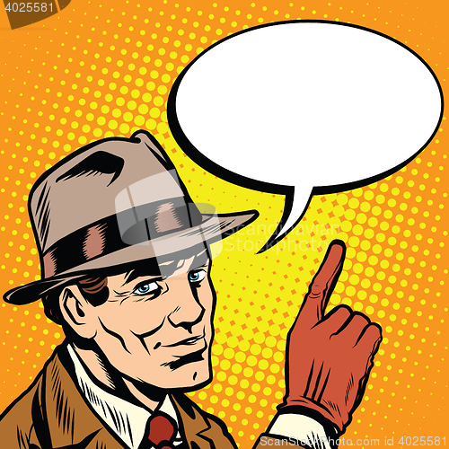 Image of Male spy points a finger, retro background