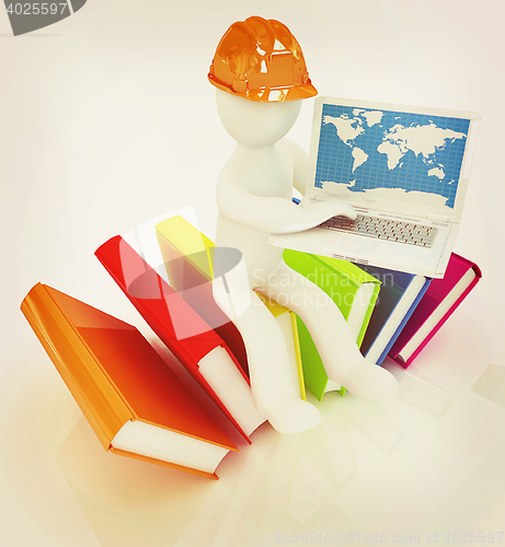 Image of 3d man in hard hat sitting on books and working at his laptop . 