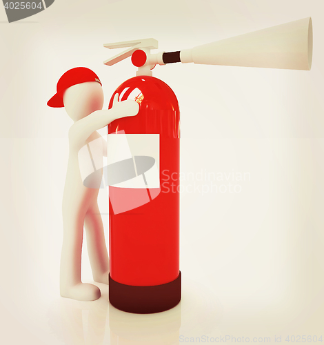 Image of 3d man with red fire extinguisher . 3D illustration. Vintage sty