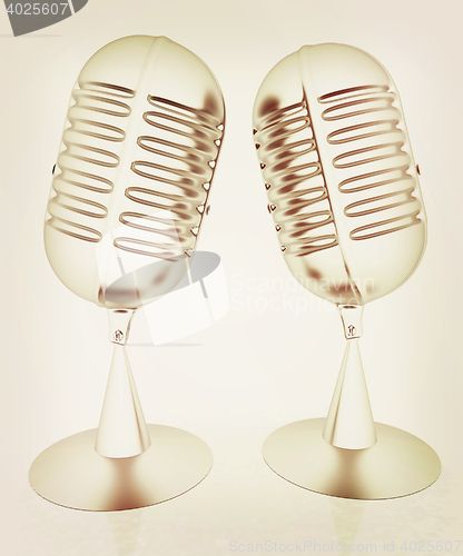 Image of metal microphones. 3D illustration. Vintage style.