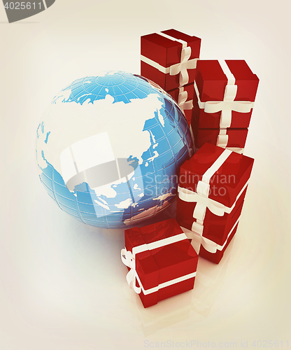 Image of Traditional Christmas gifts and earth. Global holiday concept . 