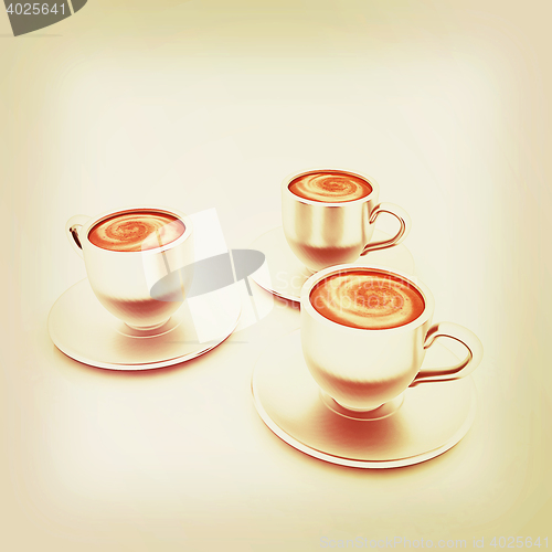 Image of Coffee cups on saucer. 3D illustration. Vintage style.